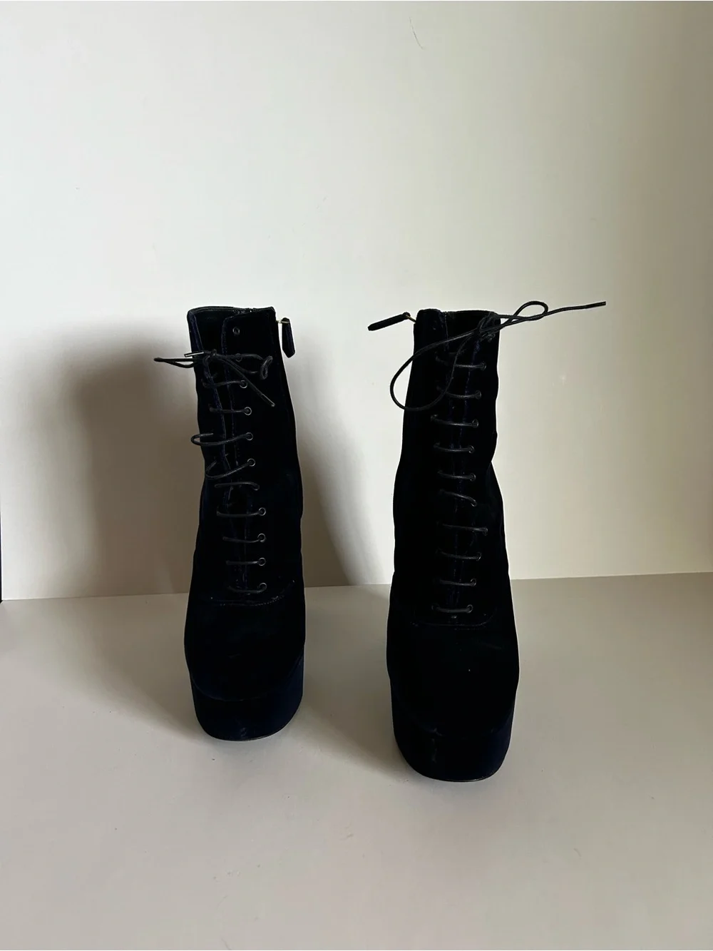 Prada Black Velvet Lace-Up Platform Ankle Boots